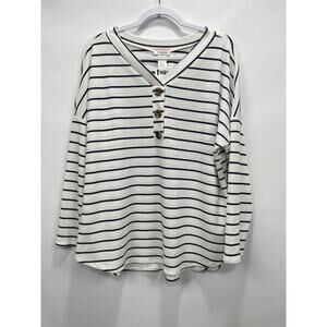 Andree by Unit White Navy Stripe Thermal Button Henley‎ Long Sleeve Top